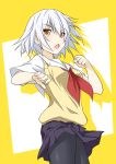  black_legwear blush fighting_stance kuronyan looking_at_viewer open_mouth orange_eyes pantyhose red_eyes school_uniform shadow short_hair silver_hair solo sweater_vest thumbs_down two-tone_background white_background white_hair yarizui_sen yellow_background 