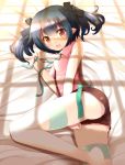  ass ayame_(komone_ushio) barefoot bed between_legs black_hair blush face fang hair_ribbon hand_between_legs highres komone_ushio lying on_side open_mouth original pointy_ears red_eyes ribbon shorts sleeveless solo thigh-highs thighhighs twintails white_legwear window_shade 