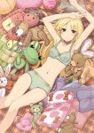  arms_up blonde_hair bra couzone face green_bra green_eyes green_panties highres lingerie long_hair lying midriff navel on_back original panties pillow smile solo stuffed_animal stuffed_toy underwear underwear_only 