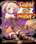  1girl annerose_redrum arai_nobu bare_shoulders broom elbow_gloves gloves hair_ornament halloween hat open_mouth original red_eyes skull skull_hair_ornament solo star striped striped_legwear thigh-highs thighhighs trick_or_treat witch_hat 