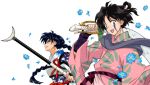  anime_coloring armor artist_request bankotsu bankotsu_(inuyasha) black_hair braid facial_mark flower hair_ornament hair_up hairpin inuyasha jakotsu jakotsu_(inuyasha) multiple_boys official_style reverse_trap scarf single_braid sword trap weapon 