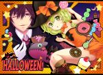  1girl alternate_costume alvin_(tales_of_xillia) argyle blonde_hair boots bow brown_hair cake candy choker creature doll doughnut elise_lutas elise_lutus fang food fruit green_eyes halloween hat kuroro_(3619105) lollipop red_eyes ribbon short_hair short_twintails skirt smile star strawberry swirl_lollipop tales_of_(series) tales_of_xillia tipo_(xillia) tippo twintails wink witch_hat 