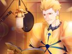  armor blonde_hair earrings emiya_shirou fate/stay_night fate_(series) gilgamesh iberiko jewelry male microphone red_eyes script short_hair solo studio_microphone 