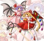  ako_(nryo) ascot bat_wings blonde_hair bobby_socks fang flandre_scarlet footwear hat hat_ribbon laevatein lavender_hair long_hair mary_janes moriya_ako multiple_girls polearm red_eyes remilia_scarlet ribbon shoes short_hair siblings side_ponytail sisters skirt skirt_set socks spear spear_the_gungnir touhou very_long_hair weapon wings zoom_layer 