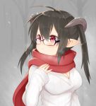  1girl ahoge black_hair blush breasts cleavage demon_girl glasses horns mofuaki original pointy_ears scarf short_hair short_twintails snow solo sweater twintails 