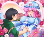  1girl artist_self-insert beard black_hair breasts couple facial_hair flower flower_field ghost hat japanese_clothes large_breasts obi pink_eyes pink_hair saigyouji_yuyuko shin&#039;en_(gyokuro_company) shin'en_(gyokuro_company) short_hair smile tattoo touhou triangular_headpiece 