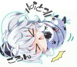  &gt;_&lt; 1girl :&lt; blush_stickers bondage chibi closed_eyes eyes_closed futon hat hat_ribbon milkpanda mononobe_no_futo open_mouth paw_print ponytail pun ribbon silver_hair solo surprised tears tied_up touhou translation_request wrapped_up 