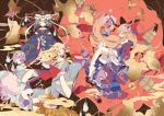  4girls album_cover alternate_costume asymmetrical_hair autumn_leaves blonde_hair blue_dress bone chain cover dress floral_print ghost gourd green_eyes green_hair hairband hat hat_ribbon heart horn horn_ribbon horns hoshiguma_yuugi ibuki_suika japanese_clothes kimono komeiji_satori long_hair long_sleeves looking_at_viewer low-tied_long_hair multiple_girls obi off_shoulder purple_dress purple_hair ribbon rod_of_remorse sakazuki sake sash shikieiki_yamaxanadu shikimi_(yurakuru) shoes_removed skull spilling touhou very_long_hair violet_eyes weights wide_sleeves wink wrist_cuffs 