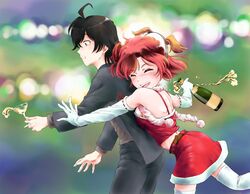  1boy 1girl ahoge alcohol bare_shoulders black_hair blush breasts champagne christmas christmas_dress closed_eyes cup drinking_glass gloves hikigaya_hachiman marutaya open_mouth redhead santa_costume short_hair white_gloves white_legwear wine_glass yahari_ore_no_seishun_lovecome_wa_machigatteiru. yuigahama_yui 