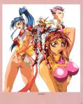  2girls 90s abs arm_up armor artbook ass bare_shoulders blonde_hair blue_eyes blue_hair bow breasts bridal_gauntlets brown_eyes brown_hair choujin_gakuen_gowcaizer circlet curvy earrings erect_nipples fingernails gloves gowcaizer gowkaiser green_eyes high_ponytail highleg highleg_leotard highres hishizaki_shaia jewelry kaiza_isato large_breasts legs leotard lips lipstick long_hair looking_at_viewer magical_girl makeup masami_obari misty_shaia multiple_boys multiple_girls nail_polish official_art oobari_masami open_mouth pantyhose ponytail purple_eyes purple_hair ribbon scan shaia_hishizaki shigure_kyosuke shigure_kyousuke sideboob signature smile son_karin thighs thong thong_leotard tiara title_drop violet_eyes voltage_fighter_gowcaizer 