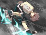  electricity hands_in_pockets hunter_x_hunter killua_zoldyck looking_at_viewer male shoes shorts solo title_drop white_hair zoff_(daria) 