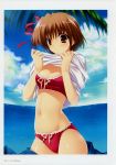  absurdres belly bikini blue_sky blush breasts brown_eyes brown_hair cleavage cloud daiba_minato hair_ribbon highres looking_at_viewer marriage_royale mound_of_venus navel pleated_skirt red_bikini ribbon scan shirt skirt sky solo suzuhira_hiro swimsuit undressing 