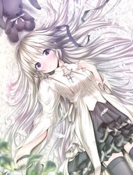  black_legwear blurry cross depth_of_field face feathers garter_straps highres kasugano_sora long_hair lying on_back silver_hair smile solo stuffed_animal stuffed_toy thigh-highs thighhighs wingheart yosuga_no_sora 