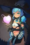  aqua_hair elbow_gloves frills gloves green_eyes hat heart_stone_witch lowres navel pauldron pauldrons short_hair solo sword_girls tan witch witch_hat 