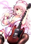 between_breasts breasts character_name cleavage electric_guitar garter_straps guitar hat headphones highres huge_breasts instrument long_hair mouth_hold nitroplus nurse nurse_cap pink_eyes pink_hair plectrum solo sonico stethoscope super_sonico thigh-highs thighhighs wink yuncha 