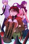  amano_yukiteru black_hair cellphone gasai_yuno grin hug hug_from_behind knife mirai_nikki murasaki_tokage necktie phone pink_hair purple_hair shorts shovel smile tears uryuu_minene white_hair worktool 