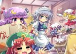  &gt;_&lt; :3 =_= anger_vein apron bat_wings blonde_hair blue_eyes blue_hair blush box braid chair chaos chibi chicken_(food) colonel_aki egg falling flandre_scarlet flying food frying_pan girl_in_a_box hat hong_meiling in_box in_container izayoi_sakuya kitchen knife knifed ladle lettuce long_hair maid maid_headdress multiple_girls open_mouth pan patchouli_knowledge purple_eyes purple_hair red_eyes red_hair redhead remilia_scarlet short_hair silver_hair spatula sunny_side_up_egg sweatdrop touhou twin_braids violet_eyes wings 