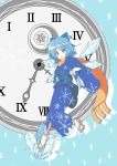  blue_background blue_eyes blue_hair cirno cirno-nee clock expressionless geta hair_bow highres ice ice_background japanese_clothes kimono mikazuki_neko obi scarf short_hair snowflakes solo touhou wings 