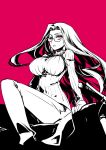  breasts fate/stay_night fate_(series) glasses highres impossible_clothes impossible_clothing impossible_sweater ishida_akira large_breasts long_hair monochrome motor_vehicle motorcycle pink_background pink_eyes revision ribbed_sweater rider shirt simple_background sitting solo spot_color sweater vehicle very_long_hair 