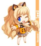  :3 animal_ears blonde_hair blue_eyes bracelet character_name chibi fang jewelry long_hair open_mouth ran_system seeu skirt smile solo title_drop vocaloid wink 