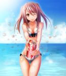  bikini blurry blush bow breasts brown_eyes brown_hair cleavage cloud coca-cola collarbone depth_of_field hair_ornament hairclip hati_(19870119hy) light_smile looking_at_viewer nail_polish o-ring_top ocean opening original product_placement sky smile soda_can solo swimsuit thigh_gap thighs twintails water wink 