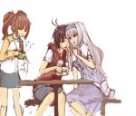  antenna_hair bare_legs casual chopsticks dress fly food hairband headband highres hoodie idolmaster idolmaster_2 kikuchi_makoto long_hair multiple_girls noodles pan!ies poverty raglan_sleeves ramen shared_food shijou_takane skirt table takatsuki_yayoi twintails wallet white_hair 