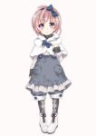  :&lt; argyle argyle_legwear blue_eyes bow capelet child dress ech full_body grey_dress hair_bow hair_ribbon hairband looking_at_viewer original pantyhose pigeon-toed ribbon shorts silver_hair simple_background solo white_background 