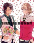  barnaby_brooks_jr belt blonde_hair bouquet brown_eyes brown_hair face facial_hair flower glasses green_eyes jacket jewelry kaburagi_t_kotetsu male multiple_boys necklace necktie petals red_jacket rina short_hair stubble tiger_&amp;_bunny vest waistcoat 