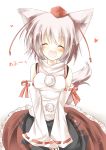  absurdres animal_ears blush closed_eyes detached_sleeves eyes_closed hat heart highres inubashiri_momiji open_mouth ribbon shirt silver_hair skirt smile solo tail tail_ribbon tokin_hat touhou type_(artist) wolf_ears wolf_tail 