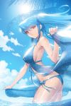  blue_hair breasts large_breasts long_hair lowres luthica_preventer luticar red_eyes ribbon side-tie_bikini smile solo source_request swimsuit sword_girls transparent twintails water wet 