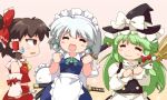  3girls apron blush bow broom brown_eyes brown_hair closed_eyes cosplay double_dealing_character frog gohei green_hair hair_bow hair_ornament hair_tubes hakurei_reimu hat izayoi_sakuya izayoi_sakuya_(cosplay) kirisame_marisa kirisame_marisa_(cosplay) kochiya_sanae konpaku_youmu konpaku_youmu_(ghost) long_hair maid maid_headdress multiple_girls open_mouth short_hair silver_hair smile snake sweatdrop sword touhou weapon witch_hat zipang 