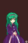  alphes_(style) dress green_eyes green_hair headdress kaoru_(gensou_yuugen-an) layla_prismriver long_hair parody simple_background smile solo style_parody touhou 
