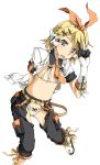  belly_button blonde_hair blue_eyes bra crotchless_pants flat_chest gloves hair_ornament hair_ribbon hairclip headphones headset kagamine_rin kasetsu_03 lingerie midriff navel open_mouth panties ribbon short_hair simple_background smile solo underwear v vocaloid 