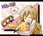  4girls :&lt; =_= akiyama_mio black_hair blonde_hair blush brown_hair crossover hirasawa_yui hug k-on! kotobuki_tsumugi long_hair multiple_girls pikachu pokemon pokemon_(creature) pun rascal short_hair tainaka_ritsu |_| 