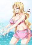  bare_shoulders bikini blonde_hair breasts cerberus_(manga) cleavage collarbone frills karatachi_fuyuko large_breasts long_hair navel open_mouth pink_bikini ruffles sarong skindentation solo splash splashing swimsuit very_long_hair wading wavy_hair zanku 