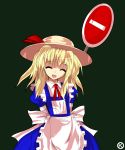  ^_^ alphes_(style) arms_behind_back blonde_hair closed_eyes hat kana_anaberal kaoru_(gensou_yuugen-an) negative open_mouth parody short_hair sign signature simple_background smile solo style_parody touhou touhou_(pc-98) 