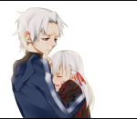  dress fate/stay_night fate/zero fate_(series) haine33 haine_(howling) hair_ribbon hug jacket letterboxed matou_kariya matou_sakura ribbon tears time_paradox uncle_and_niece white_hair 