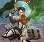  1boy ascot black_hair cape jacket levi_(shingeki_no_kyojin) shingeki_no_kyojin solo sword three-dimensional_maneuver_gear toto_kururira weapon wire 