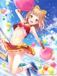  1girl :d balloon bow brown_eyes brown_hair cheerleader confetti hair_bow hair_ribbon ilog jumping looking_at_viewer navel occhan_(artist) official_art open_mouth ribbon shoes sky smile solo tagme 
