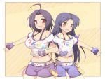  belt blue_hair blush breasts brown_eyes casual cleavage clothes_writing clothing_writing fingerless_gloves gloves idolmaster idolmaster_2 kisaragi_chihaya large_breasts long_hair midriff miura_azusa navel red_eyes short_hair shorts smile suspenders symmetry t-shirt van-s 