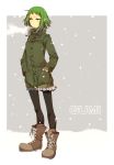  annoyed boots breath character_name green_eyes green_hair gumi haru_(oomr005) highres jacket pantyhose short_hair shorts snow solo vocaloid 