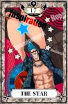  anchor blue_hair chain chains english franky grin hawaiian_shirt igarashi_(wp13) jewelry male muscle necklace one_piece posing smile solo star sunglasses tarot 