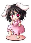  animal_ears black_hair bunny_ears carrot chibi dress faux_figurine inaba_tewi jewelry necklace pink_dress red_eyes shinjitsu short_hair simple_background solo tongue tongue_out touhou white_background 
