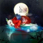  flower hair_ornament japanese_clothes kimono leaf long_hair lotus moon night night_sky nineo original partially_submerged red_eyes sky solo star star_(sky) tabi translation_request water white_hair 