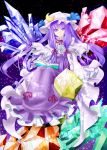  blush book bow crescent crystal dress hair_bow hair_ribbon hat highres kikuchi long_hair long_sleeves open_book patchouli_knowledge payot purple_eyes purple_hair ribbon sitting sleeves_past_wrists smile solo spell_card tomasu touhou violet_eyes 