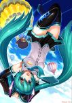  2girls aqua_hair armpits black_legwear boots detached_sleeves falling hatsune_miku hot_air_balloon kagamine_rin long_hair open_mouth pixiv skirt sky smile spring_onion thigh-highs thigh_boots thighhighs tildeed twintails upside-down very_long_hair vocaloid zettai_ryouiki 