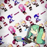  chibi closed_eyes computer earphones eyes_closed hatsune_miku kagamine_len kagamine_rin kaito laptop lying megurine_luka meiko nyoki on_back pillow sleeping takoluka thighhighs twintails vocaloid 