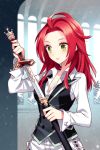  cleavage dress_shirt green_eyes head_knight_jaina jaina_preventer jeyina long_hair long_sleeves lowres nardack red_hair redhead sheath shirt solo sword sword_girls unsheathing vest weapon 