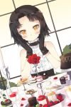  blush cake choker cookie corset cup cupcake dutch_angle flat_chest flower food frills fruit gloves lowres petals rose ruffles short_hair sita_vilosa solo strawberry sword_girls table yellow_eyes 