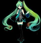  aqua_eyes aqua_hair bare_shoulders boots christy_hu detached_sleeves green_hair hair_ribbon hatsune_miku long_hair necktie ribbon simple_background solo standing thigh-highs thigh_boots thighhighs twintails very_long_hair vocaloid 